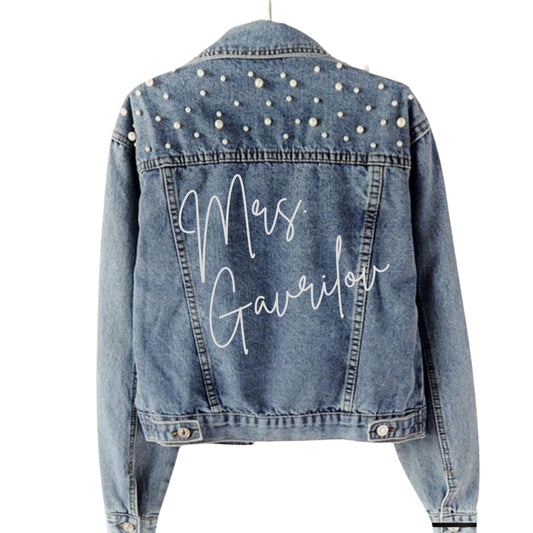 Pearls of Love: Personalized Denim Jacket with Your New Last Name